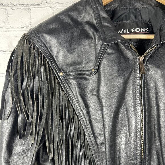 Vintage Wilsons Leather Jacket Womens Medium Black Fringe Western Cropped Biker - Picture 4 of 11